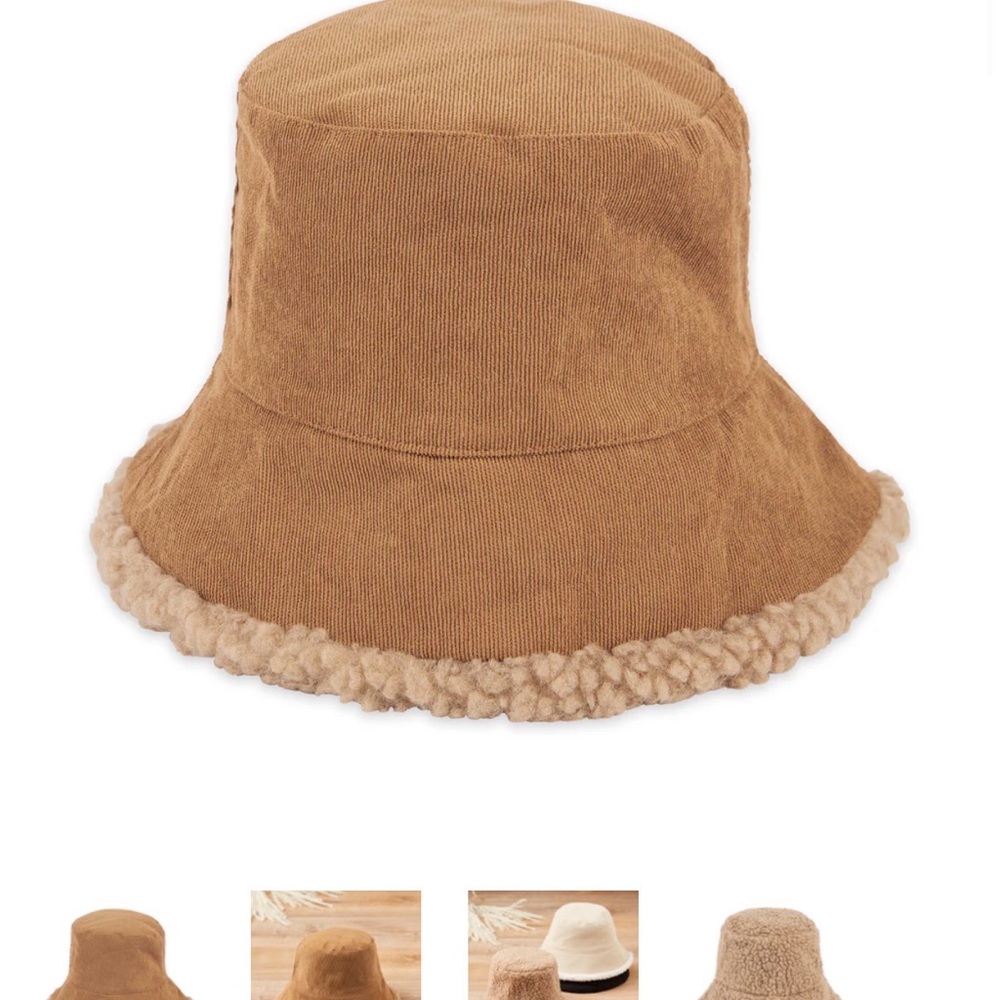 NWT: Stylish Tan Women's Bucket Hat with Fleece Trim reversible
